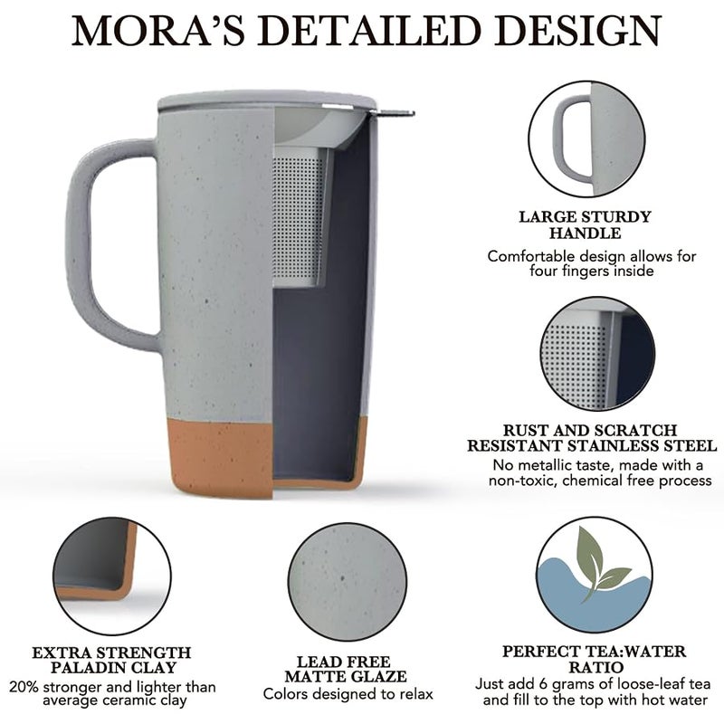 Mora Ceramics Large Tea Mug with Loose Leaf Infuser and Ceramic Lid, 18 oz, Portable, Microwave and Dishwasher Safe, Tall Coffee Cup - Rustic Matte Ceramic Glaze, Modern Herbal Tea Strainer, Sleet - Image 2