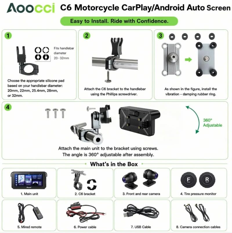 Aoocci C6 PRO Motorcycle Dash Cam Front and Rear, Motorcycle CarPlay, 1080P Dual Dash Motorbike Camera with Apple CarPlay and Android Auto, GPS & Emergency Lock, 140° Wide Angle, IP67 Waterproof - Image 2