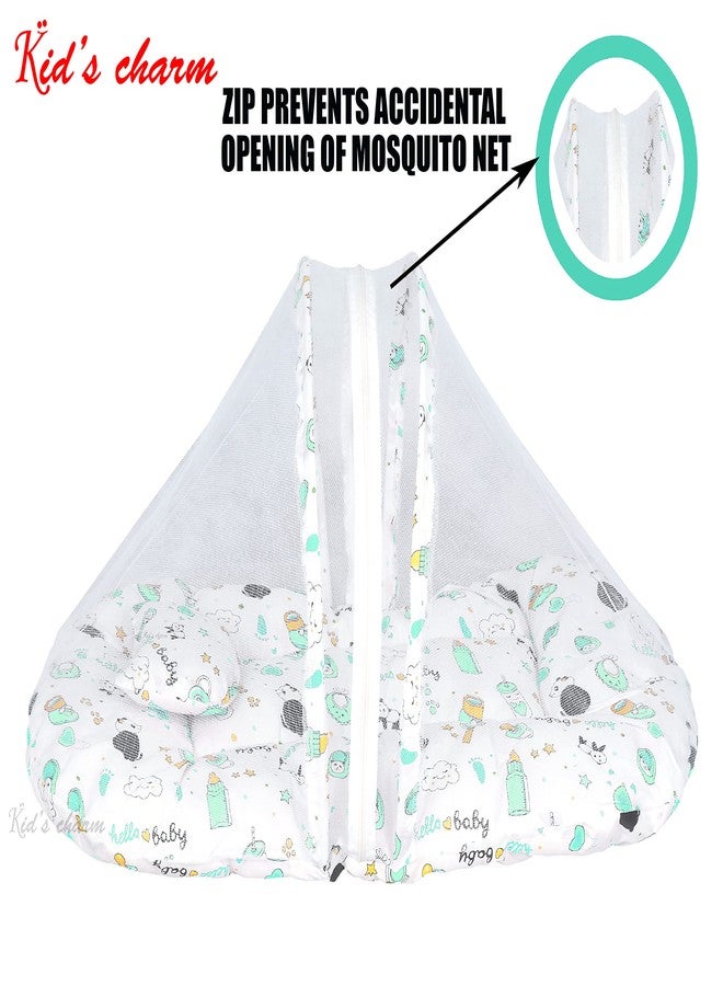 Kid's Charm Panda 2 PCS Combo Set |3 in 1 Baby's Cotton Cum Carry Bed|2 in 1 Baby's Cotton Bed with Mosquito Net for 0-4 Months (Green) - Image 5