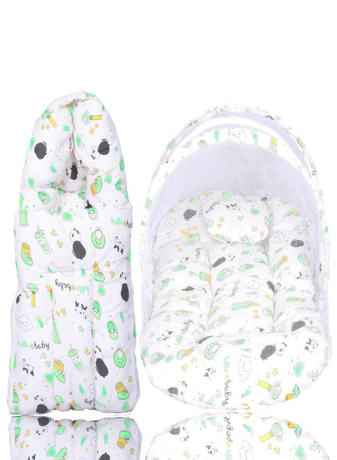 Kid's Charm Panda 2 PCS Combo Set |3 in 1 Baby's Cotton Cum Carry Bed|2 in 1 Baby's Cotton Bed with Mosquito Net for 0-4 Months (Green) - Image 1