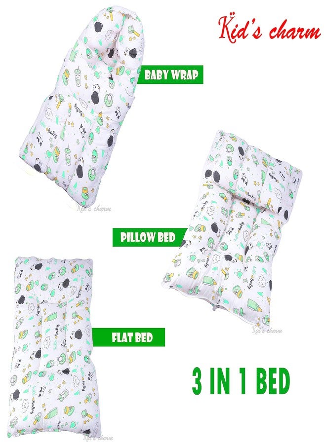 Kid's Charm Panda 2 PCS Combo Set |3 in 1 Baby's Cotton Cum Carry Bed|2 in 1 Baby's Cotton Bed with Mosquito Net for 0-4 Months (Green) - Image 2