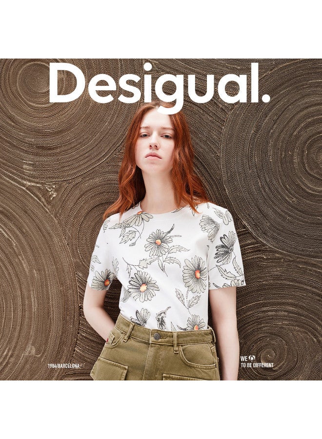DESIGUAL knitted Loose Floral Print Round Neck Short-sleeve Women's Knit Top - Image 4