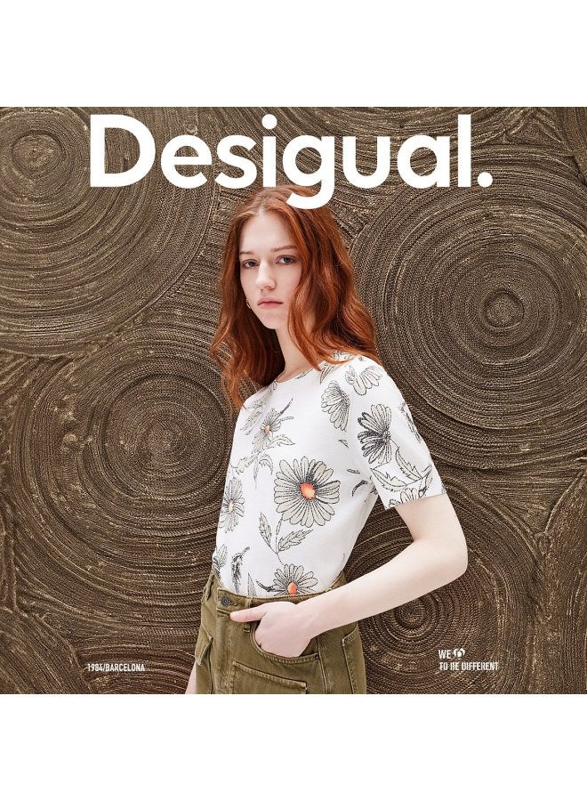 DESIGUAL knitted Loose Floral Print Round Neck Short-sleeve Women's Knit Top - Image 3