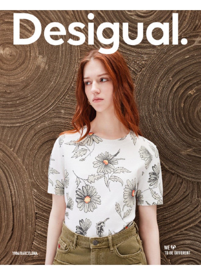 DESIGUAL knitted Loose Floral Print Round Neck Short-sleeve Women's Knit Top - Image 1