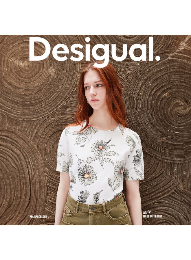 DESIGUAL knitted Loose Floral Print Round Neck Short-sleeve Women's Knit Top - Image 2