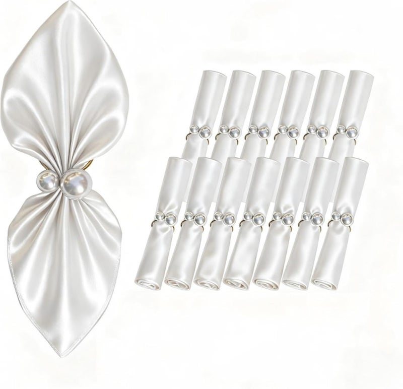 مجموعة من 12 منديلًا قماشيًا وحلقات، 24 قطعة من مناديل الساتان المربعة البيضاء القابلة للغسل مع حامل حلقات من اللؤلؤ، ديكور طاولة ناعم مناسب لفصل الخريف، وحفلات الكوكتيل، والعشاء، وحفلات الزفاف، والحفلات، وأعياد الميلاد، والهالوين.