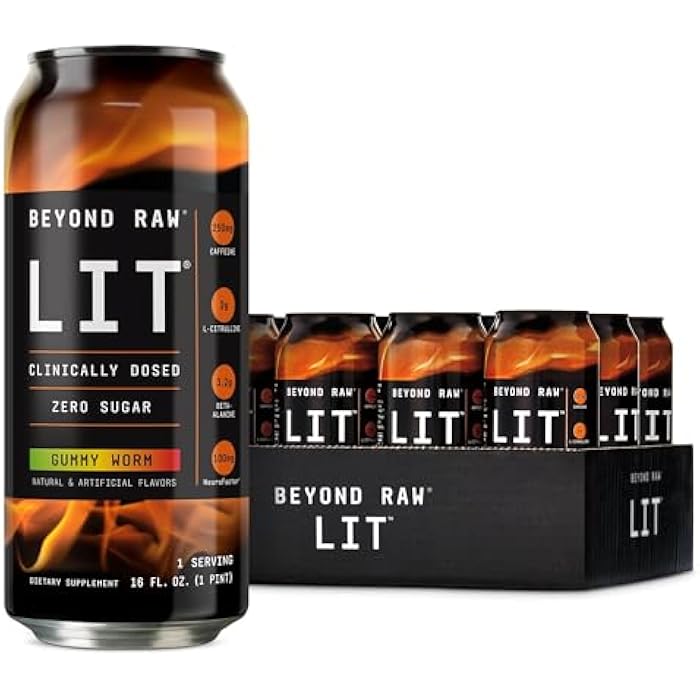 BEYOND RAW LIT On The Go | Ready to Drink Cans | Contains Caffeine, L-Citrulline, Beta-Alanine, and Nitric Oxide | Gummy Worm | 12 Count - Image 1