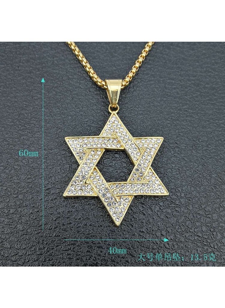 Generic Hip Hop Titanium Steel Gold Plated Water Diamond David Six Star Pendant Necklace Fashionable Cross Border Best Seller Jewelry Gold Large Single Pendant 