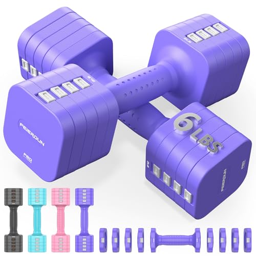 FEIERDUN 5-in-1 Adjustable Dumbbell Set of 2, 12LBS/6LBS Hand Weights for Women, 1s-Adjust Dual-Stable Dumbbell Set for Women Home Gym & Outdoor, Purple - Image 1