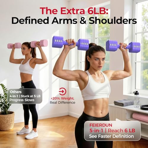FEIERDUN 5-in-1 Adjustable Dumbbell Set of 2, 12LBS/6LBS Hand Weights for Women, 1s-Adjust Dual-Stable Dumbbell Set for Women Home Gym & Outdoor, Purple - Image 3