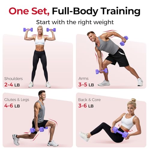 FEIERDUN 5-in-1 Adjustable Dumbbell Set of 2, 12LBS/6LBS Hand Weights for Women, 1s-Adjust Dual-Stable Dumbbell Set for Women Home Gym & Outdoor, Purple - Image 5