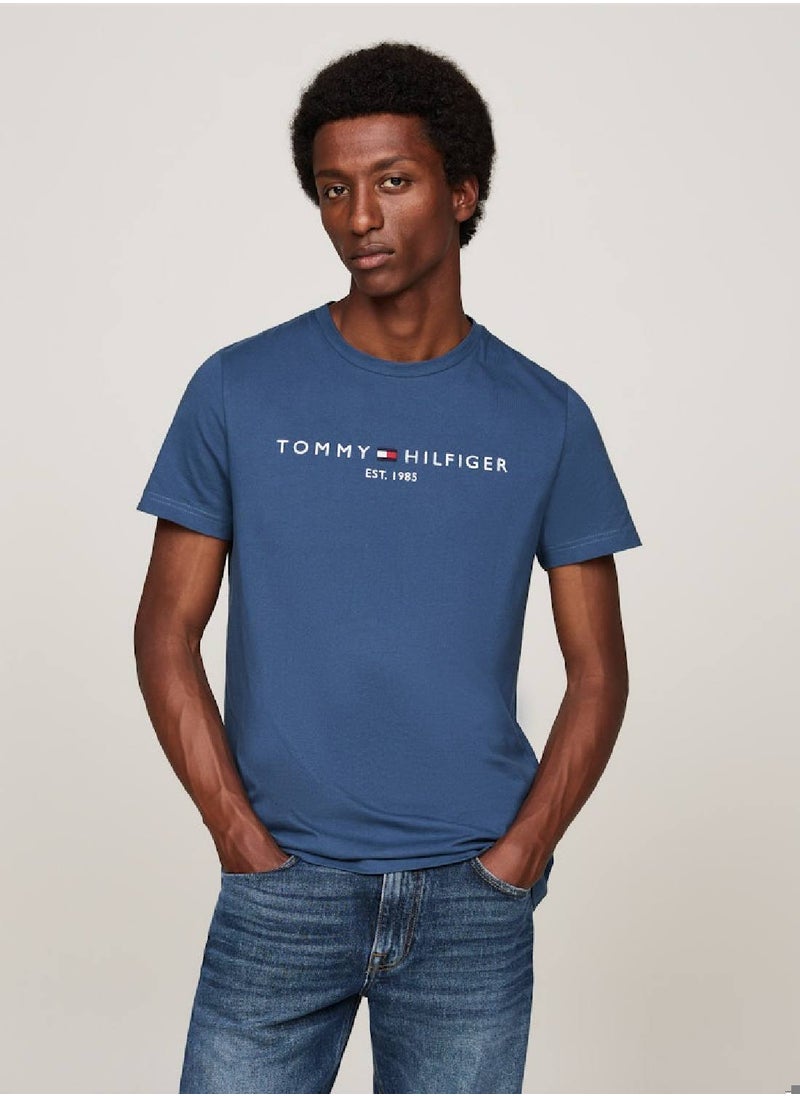 TOMMY HILFIGER - Men's Logo Embroidery Slim Fit T-Shirt -  Pure cotton, Blue - Image 1