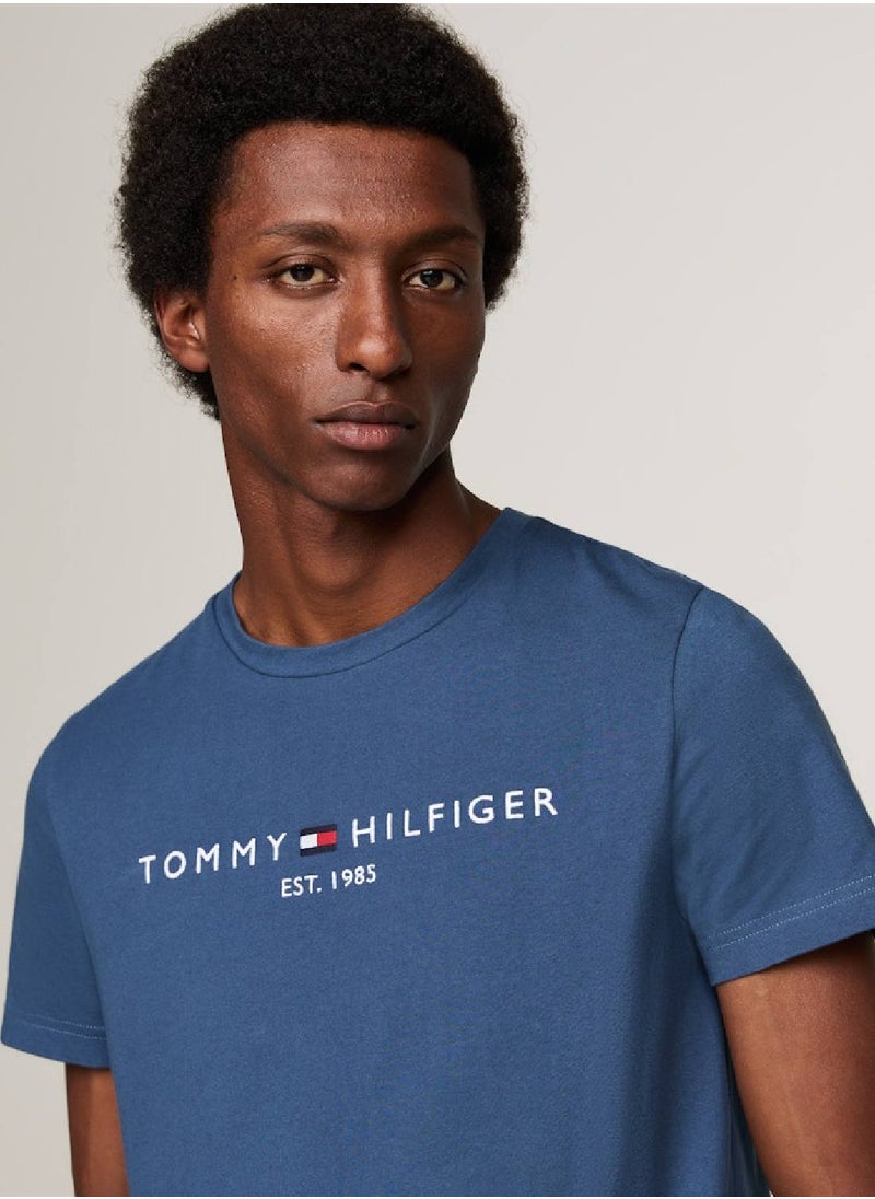 TOMMY HILFIGER - Men's Logo Embroidery Slim Fit T-Shirt -  Pure cotton, Blue - Image 1
