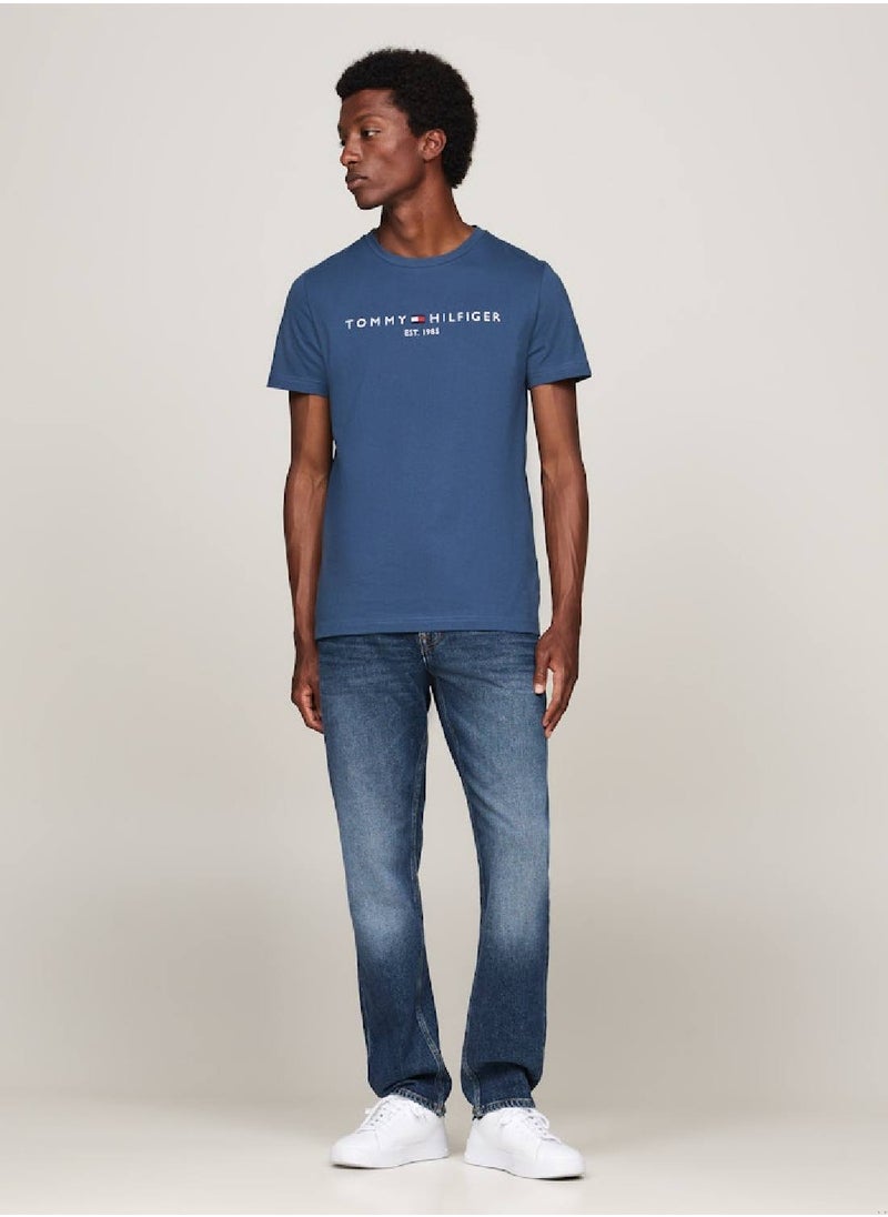 TOMMY HILFIGER - Men's Logo Embroidery Slim Fit T-Shirt -  Pure cotton, Blue - Image 1