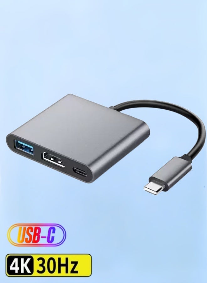 الصفحة الرئيسية محول USB-C إلى HDMI  موزع 3 في 1 من النوع C بدقة 4K/30 هرتز مزود بـ USB 3.0 وشحن PD بقدرة 100 واط  هيكل من الألومنيوم  متوافق مع أجهزة MacBook Pro/Air وGalaxy S8/S9 والمزيد من أجهزة USB-C - Image 1