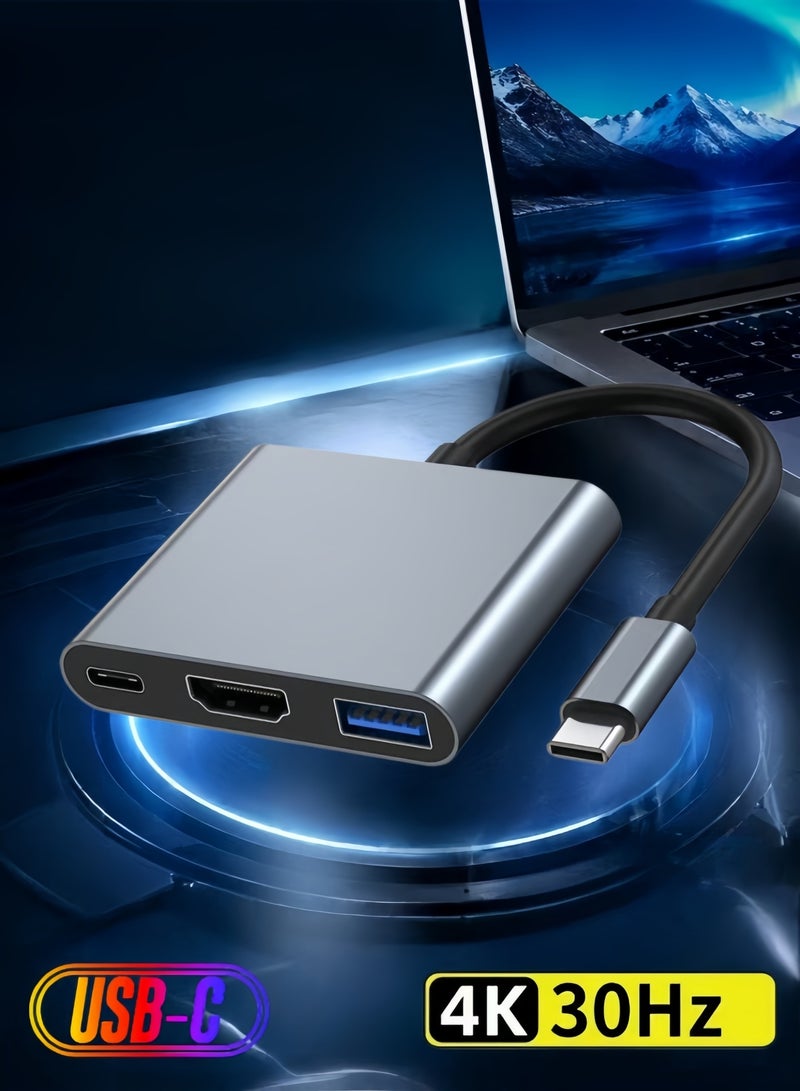 الصفحة الرئيسية محول USB-C إلى HDMI  موزع 3 في 1 من النوع C بدقة 4K/30 هرتز مزود بـ USB 3.0 وشحن PD بقدرة 100 واط  هيكل من الألومنيوم  متوافق مع أجهزة MacBook Pro/Air وGalaxy S8/S9 والمزيد من أجهزة USB-C - Image 1