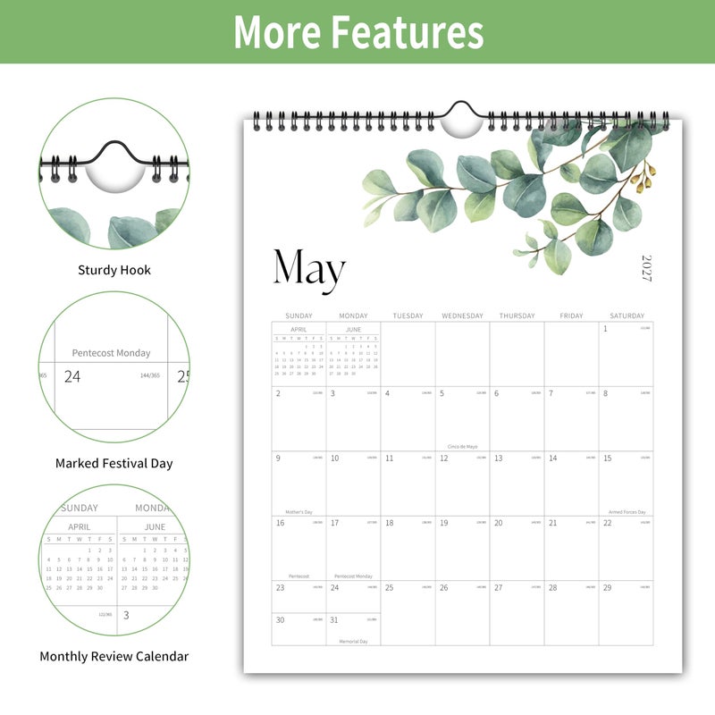 Kamoy Aesthetic Wall Calendar 2026-2027, 18 Month Vertical Calendar from January 2026 - June 2027, 11.5" x 15", Large Spiral Hanging 2026 Calendar With Large Ample Blocks for Writing, for School, Home, Office for Monthly Organizing & Planning - Image 3
