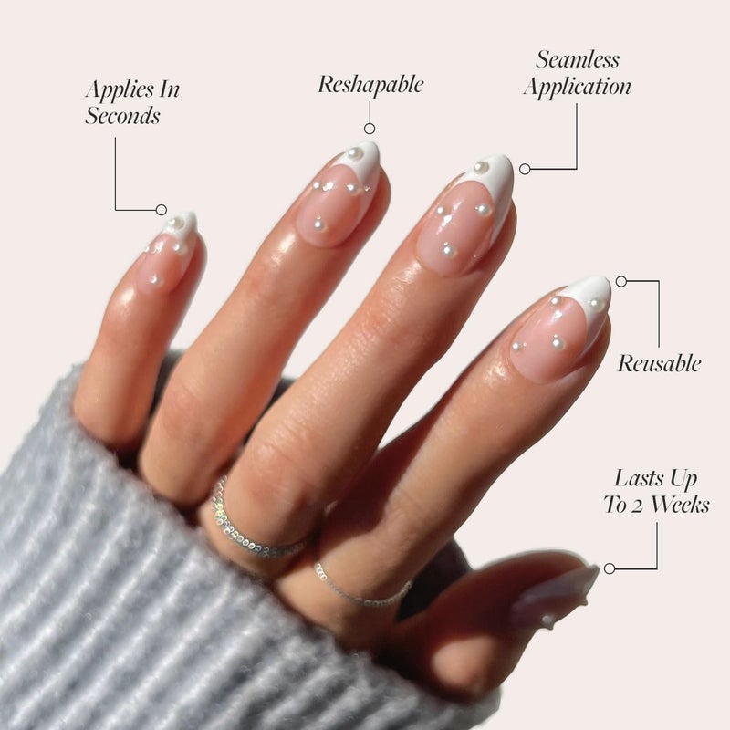 Glamnetic Multi-market varied design options Press On Nails - French Pearl | Glossy, Short Almond French Tip Fake Nails with 3D Accents, Salon Quality | 15 Sizes - 30 Nail Kit with Glue Repeated use trusted quality - Image 3