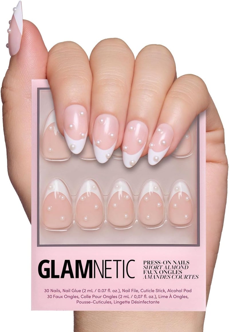 Glamnetic Multi-market varied design options Press On Nails - French Pearl | Glossy, Short Almond French Tip Fake Nails with 3D Accents, Salon Quality | 15 Sizes - 30 Nail Kit with Glue Repeated use trusted quality - Image 1