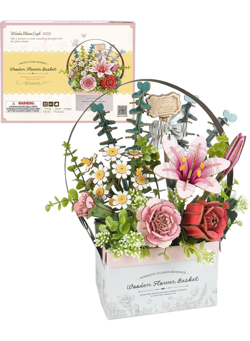 ROBOTIME Rowood Wooden Flower Basket DIY 3D Puzzle TW03H Perfect for Home Decor & Creative Gift, Ideal for Bedroom, Kitchen, or Living Room, Festive Home Accent, Detailed Craftsmanship - Image 1