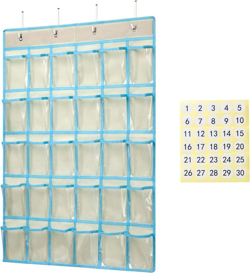 Keepjoy Classroom Pocket Charts for Cell Phone Calculator Holders, Pocket Organizer for Cell phone Jail with 30 Clear Pockets chart Size 33.5 x 24.5 Inch Classroom Pocket Storage (Beige-30pockets) - Image 1