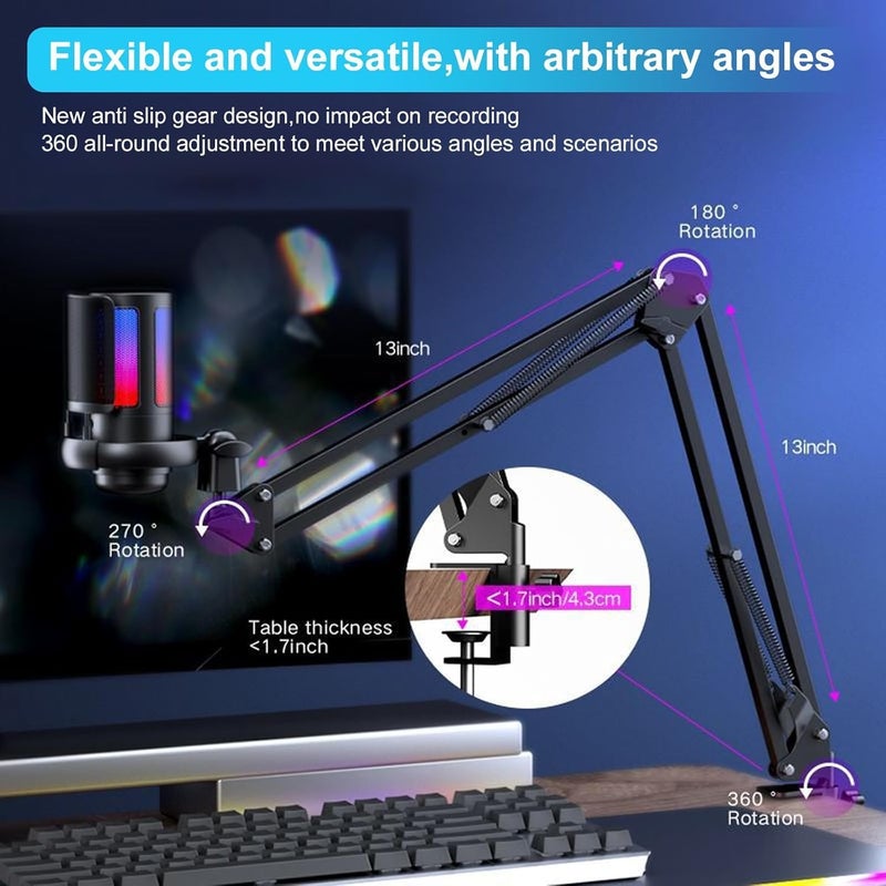 RGB Gaming USB Microphone with Adjustable Boom Arm, Condenser Mic with Quick Mute, Volume Control & Noise Reduction, Plug & Play for PC & PS5 Streaming and Podcast - Black - Image 2
