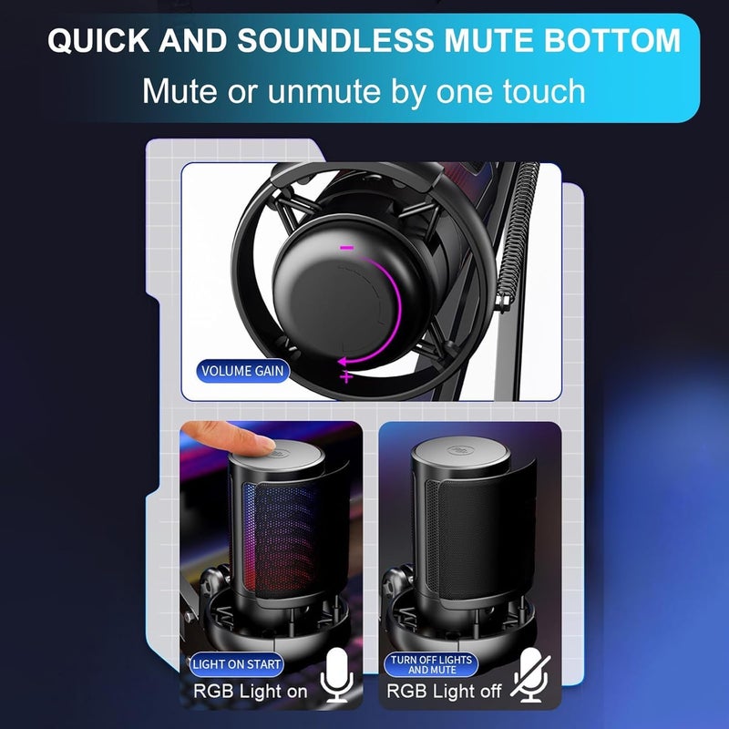 RGB Gaming USB Microphone with Adjustable Boom Arm, Condenser Mic with Quick Mute, Volume Control & Noise Reduction, Plug & Play for PC & PS5 Streaming and Podcast - Black - Image 3