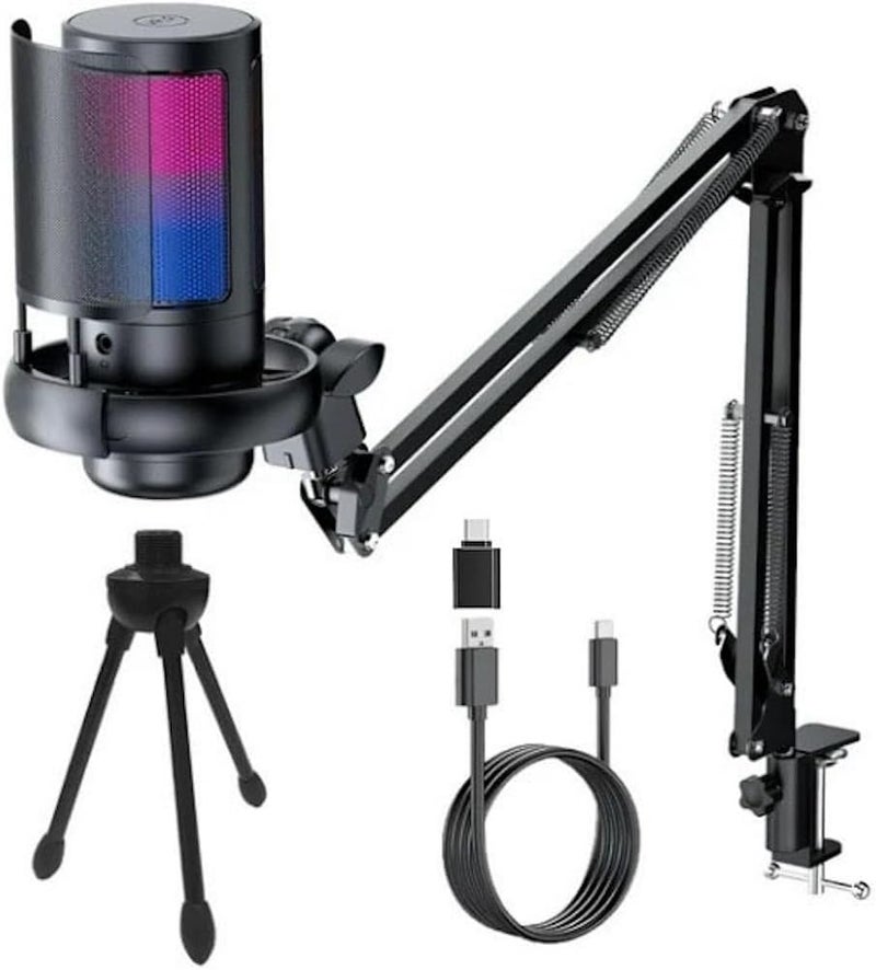 RGB Gaming USB Microphone with Adjustable Boom Arm, Condenser Mic with Quick Mute, Volume Control & Noise Reduction, Plug & Play for PC & PS5 Streaming and Podcast - Black - Image 1