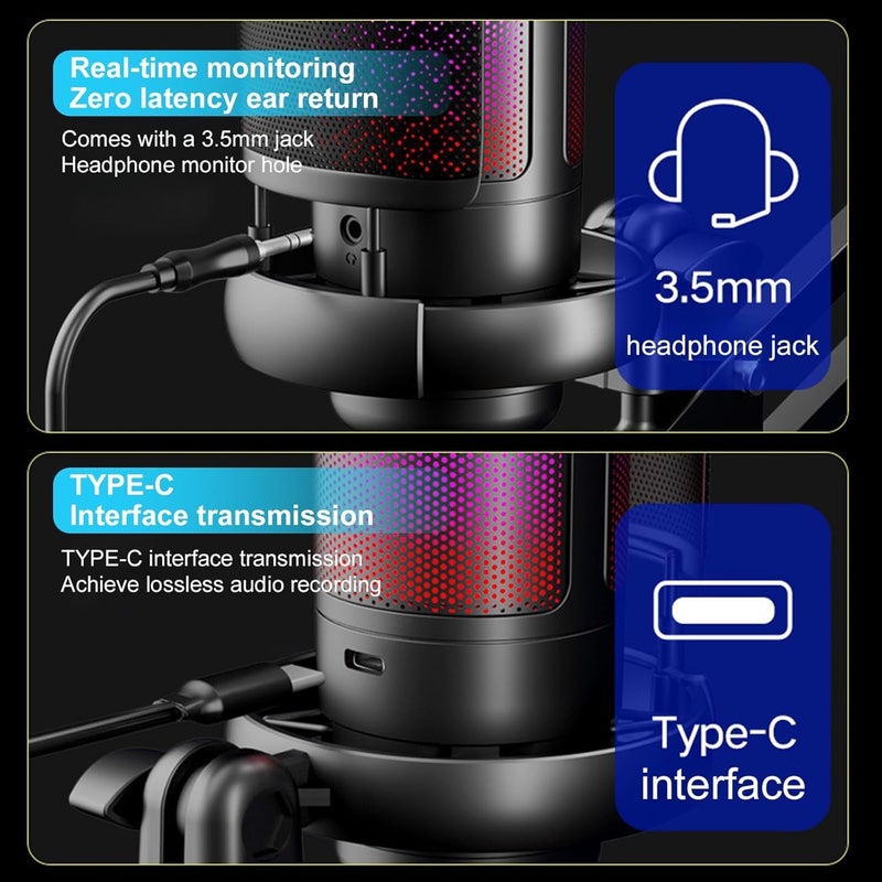 RGB Gaming USB Microphone with Adjustable Boom Arm, Condenser Mic with Quick Mute, Volume Control & Noise Reduction, Plug & Play for PC & PS5 Streaming and Podcast - Black - Image 4