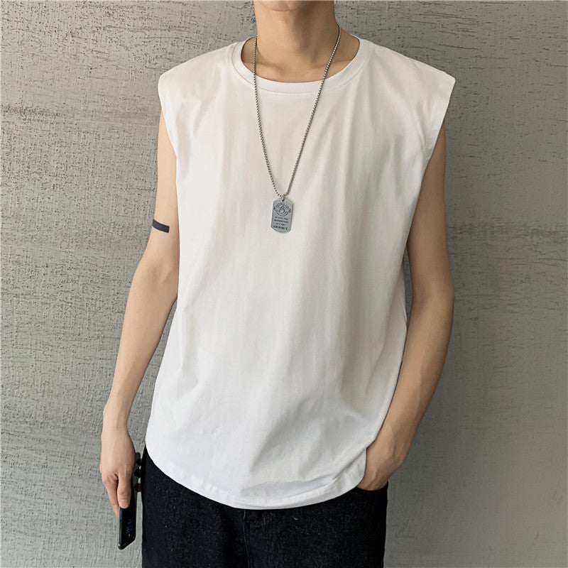 Summer ins Solid Color Sleeveless T-shirt Vest Mens Korean Style Casual Sports Waistcoat All-match T-shirt Solid Color Base Shirt Black  - Image 3