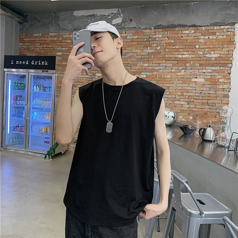 Summer ins Solid Color Sleeveless T-shirt Vest Mens Korean Style Casual Sports Waistcoat All-match T-shirt Solid Color Base Shirt Black  - Image 5