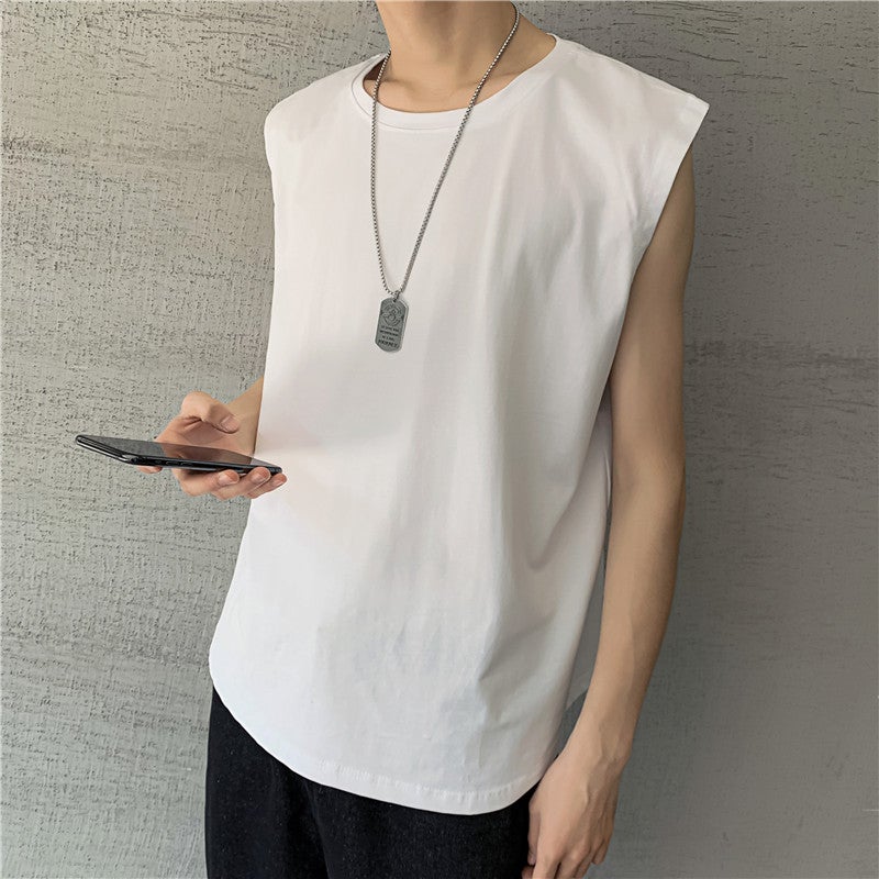 Summer ins Solid Color Sleeveless T-shirt Vest Mens Korean Style Casual Sports Waistcoat All-match T-shirt Solid Color Base Shirt Black  - Image 4