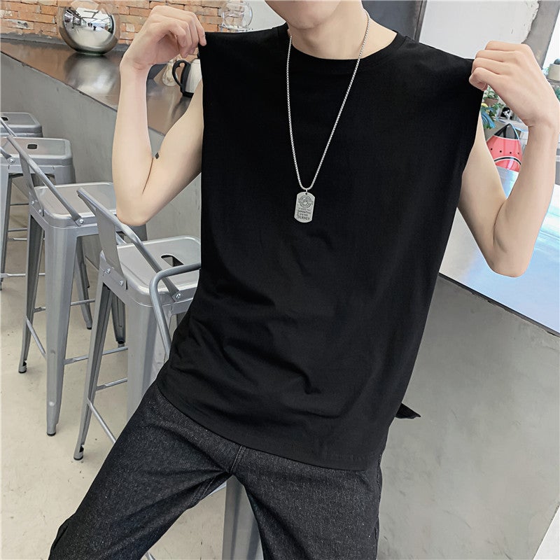 Summer ins Solid Color Sleeveless T-shirt Vest Mens Korean Style Casual Sports Waistcoat All-match T-shirt Solid Color Base Shirt Black  - Image 1