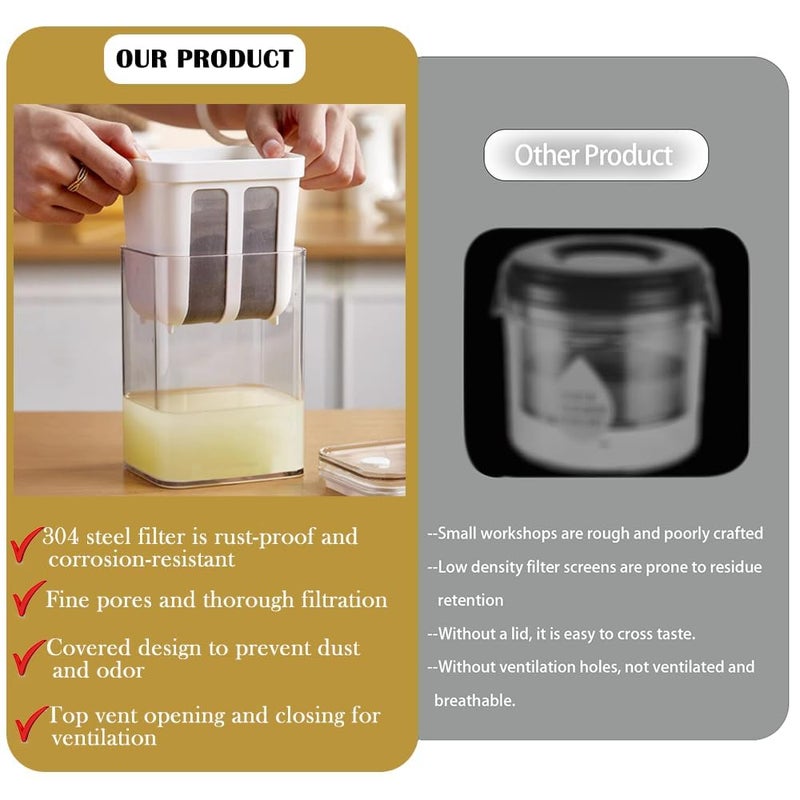 MGNLR Greek Yogurt Strainer 1100 ML Cheese Yogurt Maker with Lid Yoghurt Maker Strainer with Fine Mesh Bag Lid for Thick Greek Yogurt Soybean Milk Kefir Berries Soup Fruit Juice Coffee - Image 4