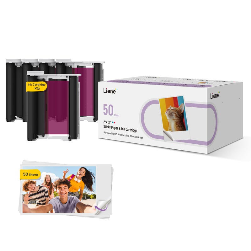 Liene Pearl N200 Pro Portable Photo Printer Photo Paper 50 Sheets & 5 Cartridges, Picture Printer Sticker Paper Adhesive, Waterproof, Smudge Proof, Photo Paper Only for DMP130 for Scrapbook - Image 1