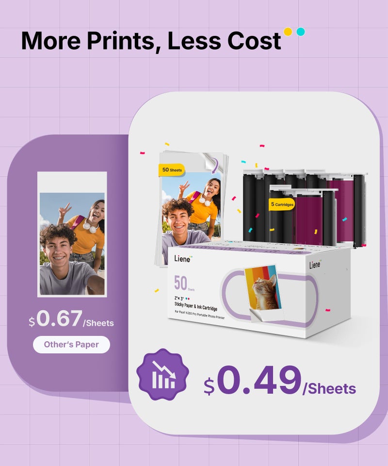 Liene Pearl N200 Pro Portable Photo Printer Photo Paper 50 Sheets & 5 Cartridges, Picture Printer Sticker Paper Adhesive, Waterproof, Smudge Proof, Photo Paper Only for DMP130 for Scrapbook - Image 3