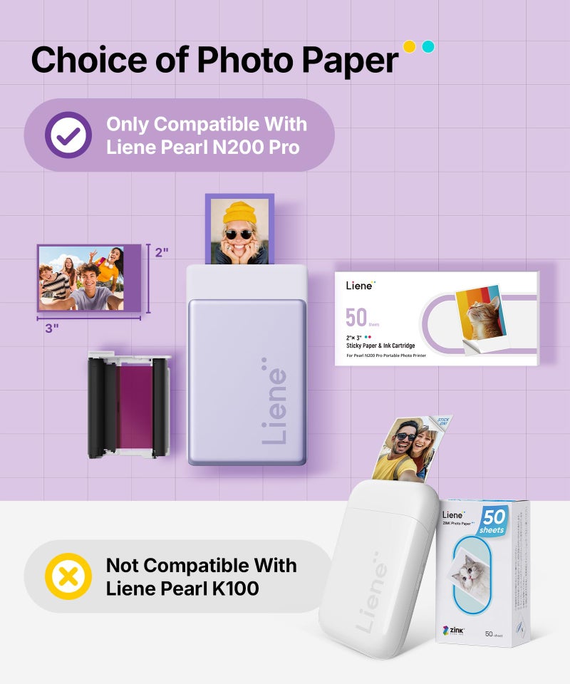 Liene Pearl N200 Pro Portable Photo Printer Photo Paper 50 Sheets & 5 Cartridges, Picture Printer Sticker Paper Adhesive, Waterproof, Smudge Proof, Photo Paper Only for DMP130 for Scrapbook - Image 2