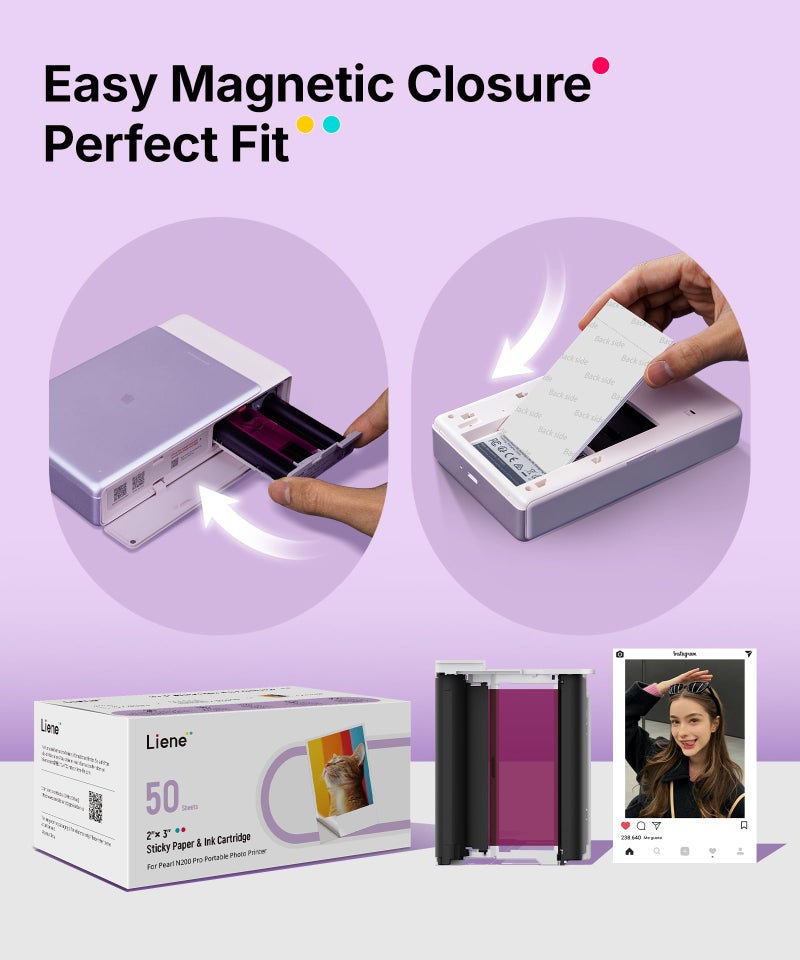 Liene Pearl N200 Pro Portable Photo Printer Photo Paper 50 Sheets & 5 Cartridges, Picture Printer Sticker Paper Adhesive, Waterproof, Smudge Proof, Photo Paper Only for DMP130 for Scrapbook - Image 5