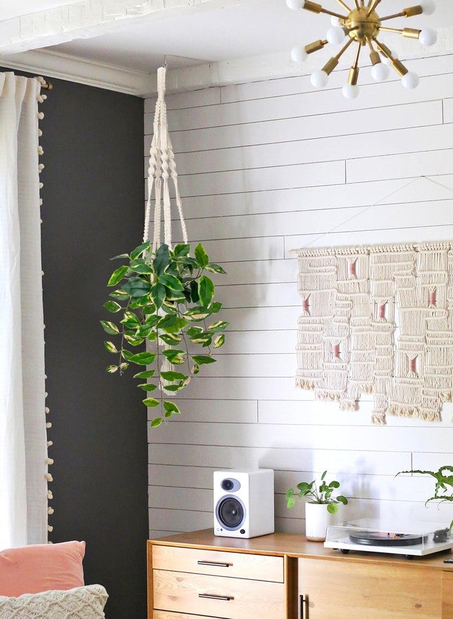 Briful Artificial Hanging Plant Indoor, Macrame Plant Hanger with Fake Pothos Plant in White Pot, Faux Hanging Plant for Home Ceiling Farmhouse Kitchen Decor - Image 5