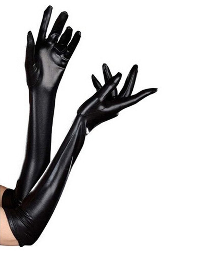 Luwint Women Sexy Wet Look Black Long Gloves for Costume Cosplay Photoshoot - Image 1