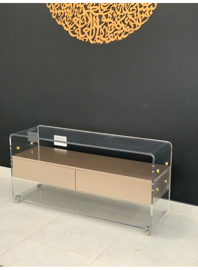Horoof Market Horoof Home® Luxury Acrylic TV Stand with Champagne Wood Drawers  - Image 3