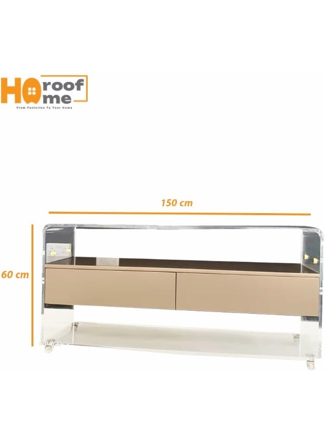 Horoof Market Horoof Home® Luxury Acrylic TV Stand with Champagne Wood Drawers  - Image 2