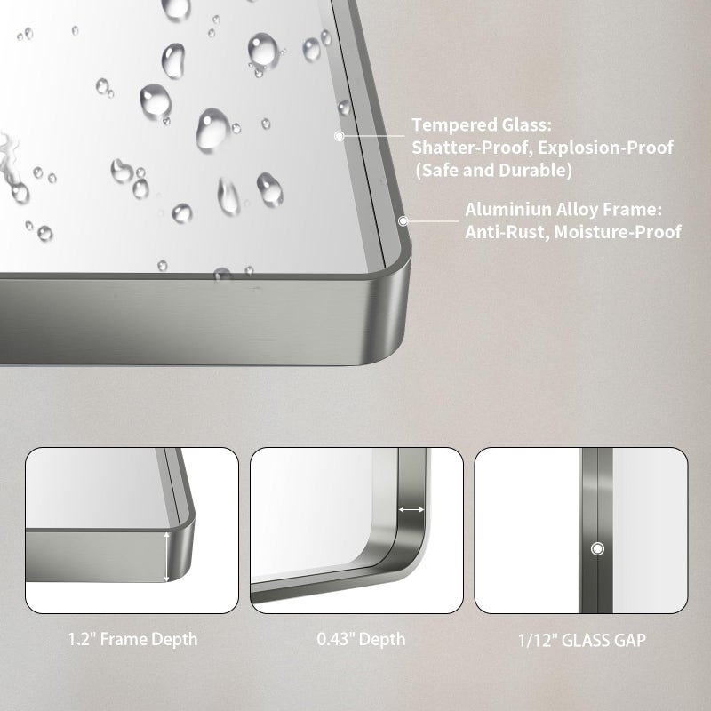 LOAAO 22X30 Inch Brushed Nickel Bathroom Mirror, Rounded Rectangle Silver Metal Frame Mirror, Brushed Nickel, Anti-Rust, Hangs Horizontally or Vertically - Image 5