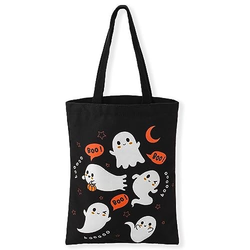 ATFUNSHOP Halloween Tote Bags - 15.7'' Reusable Large Trick or Treat Canvas Bags for Kids - Ghost - Image 1