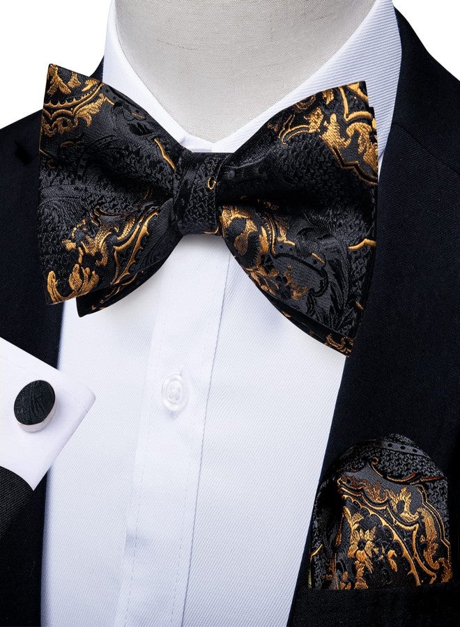 DiBanGu Men's Adjustable Black Gold Copper Bow Tie and Handkerchief Cufflinks Set Silk Floral Jacquard Pretied Bow Tie Set Prom - Image 2