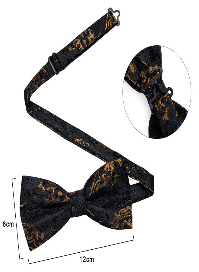 DiBanGu Men's Adjustable Black Gold Copper Bow Tie and Handkerchief Cufflinks Set Silk Floral Jacquard Pretied Bow Tie Set Prom - Image 5