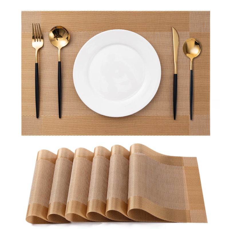 CADONO Placemats Set of 6 Washable Indoor/Outdoor Vinyl Place Mats for Dining Table Durable Non-Slip Heat Resistant PVC Weave Table Matsï¼ˆGold Cubeï¼‰ - Image 1