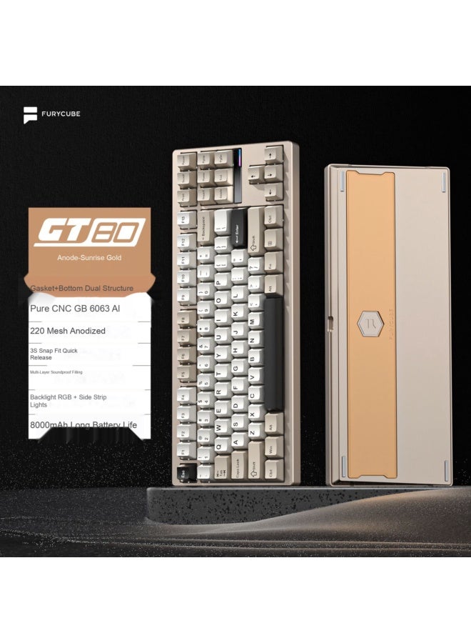 لوحة مفاتيح ميكانيكية من الألومنيوم FURYCUBE GT80 مصنوعة بتقنية CNC - لوحة مفاتيح مخصصة للألعاب تدعم الاتصال اللاسلكي بـ Bluetooth وثلاثة أنماط، متوافقة مع Windows/Mac/Linux