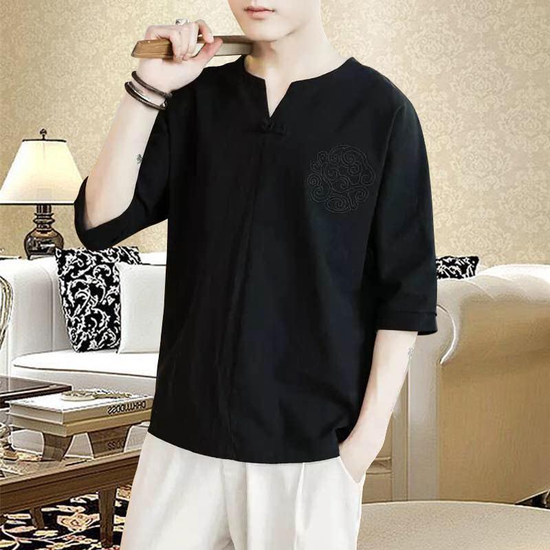 Chinese Style Short-sleeved T-shirt Men's Summer Embroidered Linen Half-sleeved Trendy Brand plus size Men's Loose Thin Cotton and Linen Top - Image 3