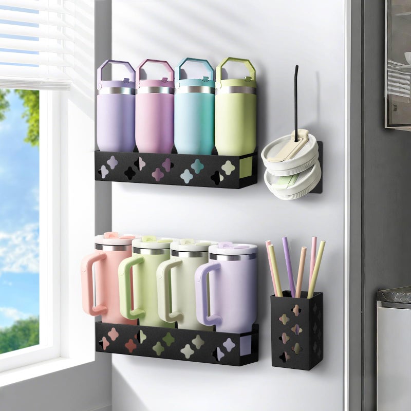 Linidcoud Magnetic Water Bottle Organizer for Fridge Magnetic Cup Holder for Stanley 30 40 Oz with Tumbler Lid Straw Organizer 8 Tumblers Kitchen Storage Rack for Stanley Cup Accessories SpaceSaving - Image 2